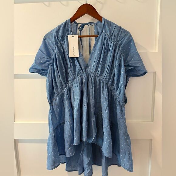 New AnnieWear Blue with Gold Boho Ruffled Asymmetrical Flowy Cap Sleeve Blouse - Picture 2 of 7
